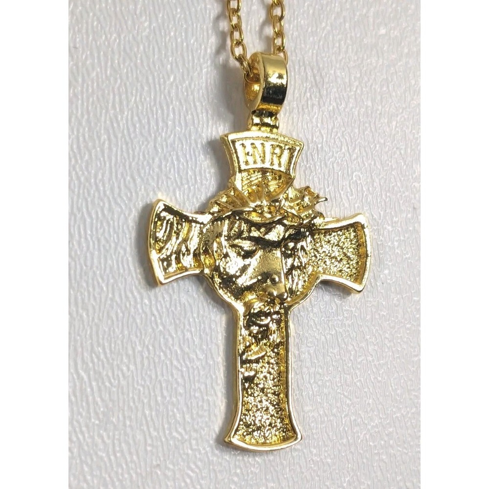 Gold Jesus Face Crucifix Cross Pendant Necklace Mens Stainless Steel INRI